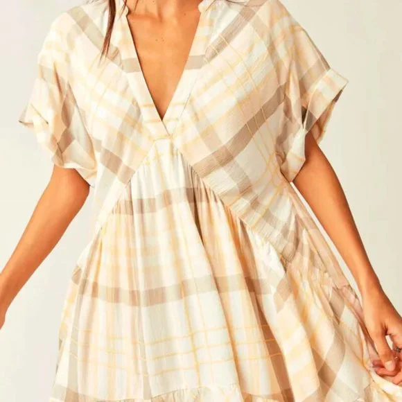 Free People Agnes Plaid Mini V Neck Dress New S - Picture 3 of 3